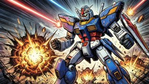 Mapambano ya mecha manga yenye nguvu na milipuko na miale ya leza. — Manga GIF Picha ya Ukuta