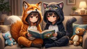 Watoto wawili wa anime wakiwa katika nguo za wanyama wanasoma kitabu pamoja kwenye sofa laini. — Watoto wa anime Picha ya Ukuta