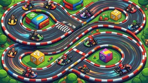 Mtazamo wa isometriki wa wimbo wa mbio za Mario Kart huku karts zikikimbia. — Nintendo Picha ya Ukuta