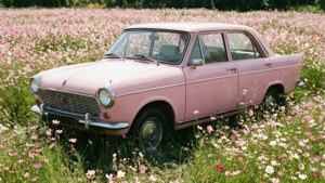 Mashine ya pink vintage katika shamba la mawese, ikichanganya retro na asili. — Pink nyepesi ya urembo Picha ya Ukuta