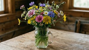 Tapeta ya kusanyiko la mwitu katika mason jar juu ya mbao. — Uzuri wa maua Picha ya Ukuta