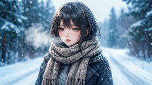 Msichana wa anime akifurahia mandhari ya theluji ya majira ya baridi.