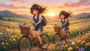 Watoto wa anime wakipanda baiskeli kwenye shamba la maua lenye rangi nzuri wakati wa machweo — Watoto wa anime Picha ya Ukuta