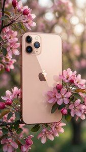 iPhone 11 Pro Max ya rose gold miongoni mwa maua ya pinki katika mwanga wa bahari.
