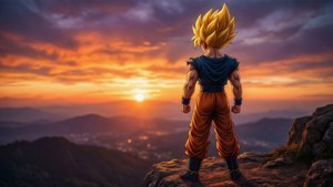 SSJ4 Goku anayejitokeza dhidi ya magharibi kwenye upeo wa mwamba.
