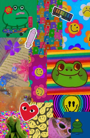 Mwanafunzi wa Indie Aesthetic Frog Heat Flowers — Mtindo wa kijana indie Picha ya Ukuta