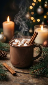 Upande wa karibu wa kakao ya kuishi na marshmallows na mdalasini, inayojumuisha Krismasi ya kuishi na mazingira ya kuishi.