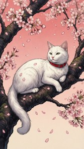 Kichwa cha mbao cha kichwa cha mbao kinachoshauri juu ya mti wa sakura — Paka wa anime Picha ya Ukuta