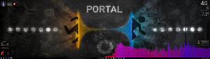 Tapeli la mtu mbili anayekimbia kupitia portal. — 5120x1440 Picha ya Ukuta