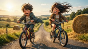 Watoto wa anime wakipanda baiskeli kuteremka kilima mashambani wakati wa saa ya dhahabu. — Watoto wa anime Picha ya Ukuta