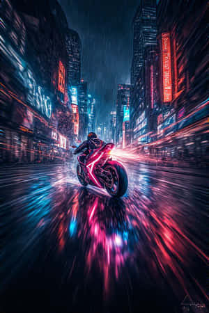 pikipiki ya neon,mbio za jijini,jiji la giza,nyayo za mwanga,usiku,mchangamfu,cyberpunk,sinema,4K,mandhari ya picha — Night Picha ya Ukuta