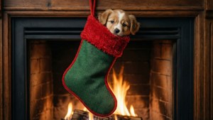 Mandhari ya starehe ya soksi ya Krismasi na mbwa mdogo mzuri akichungulia, karibu na mahali pa moto panapowaka. — Pendwa Krismasi Picha ya Ukuta
