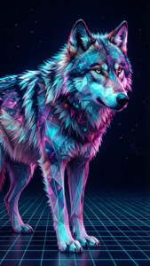 Mbwa mwitu wa galaksi ya low-poly na mifumo ya neon ya jiometri ina mwisho juu ya gridi ya synthwave. — iPhone 6 Picha ya Ukuta