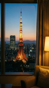 Tokyo Tower inayowezekana kutoka kwenye chumba cha kusisimua wakati wa mwisho wa mchana — Japan GIF Picha ya Ukuta