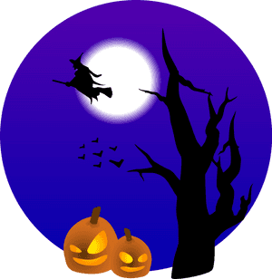 Mchawi wa Halloween Akiruka Mwezi Mpevu — Kawaii halloween Picha ya Ukuta