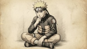 Naruto amechorwa kwa mtindo wa kizamani wa mchoro wa penseli, ameketi kwa utulivu na sura ya kutafakari, akiamsha hisia za nyuma. — Naruto Picha ya Ukuta
