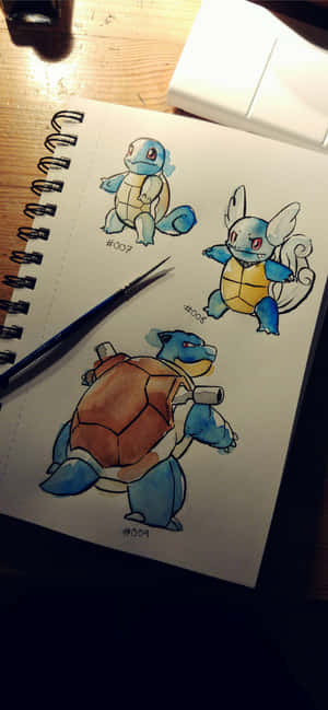 Mchoro wa Rangi ya Maji wa Squirtle, Wartortle, na Blastoise — Oppo Reno16 FS Picha ya Ukuta