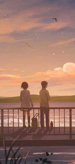 Mchoro wa Mpenzi na Mpenziwa Wakitazama Ziwa — Mandhari ya anime Picha ya Ukuta