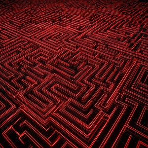 Mchoro wa maze wa neon nyekundu wenye mistari inayomwangaza, unaokweli. — Nyekundu ya neon Picha ya Ukuta