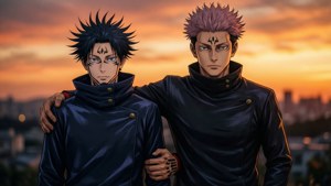 Gojo na Yuji wakishirikiana wakati wa kuaminiana — Jujutsu kaisen Picha ya Ukuta