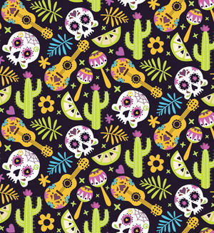 Mexico Skull-Cacti-Guitar Patterns Wallpaper — Oppo Find N6 Picha ya Ukuta