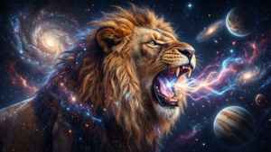 Simba wa kifalme wa galaksi ananguruma kwa nishati ya cosmic katikati ya galaksi zinazometa. — Galaksi simba Picha ya Ukuta