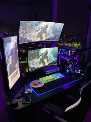 Mfumo wa PC wa gaming wenye nguvu na kadi ya graphics na tatu za skrini. — Galaxy Z TriFold Picha ya Ukuta