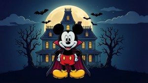 Mickey Mouse kama vampire katika mwonekano wa vector tambar na nyumba ya kufuru.
