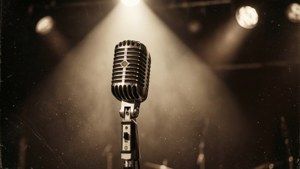 Mikrofoni ya vintage chini ya mwanga wa spoti na chembe za vumbi, sepia. — Muziki lenzi Picha ya Ukuta