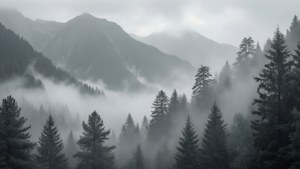 Mandhari ya amani ya milima ya rangi moja yenye ukungu na miti ya misonobari — Aesthetic ya kijivu Picha ya Ukuta