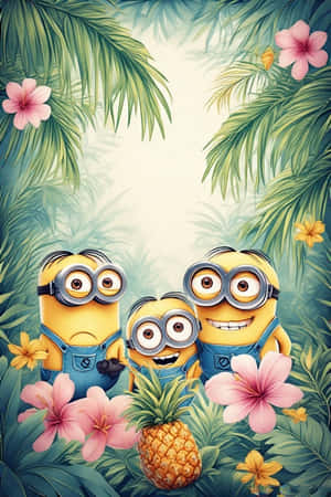 Minions, mandhari ya ukuta, 4K, msitu wa kitropiki, majani ya mnazi, pinki pasteli, njano pasteli, maua, mananasi — iPhone 4 Picha ya Ukuta