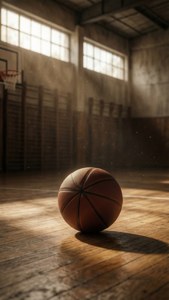 Basketball pekee kwenye sakafu ya mbao iliyomwangazwa na mwanga wa jua na nostalgia. — Mpira wa kikapu Picha ya Ukuta