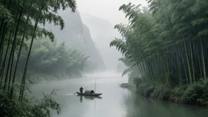 Mto wa Yangtze wenye ukungu na mianzi pamoja na mwanamke mwenye kujua