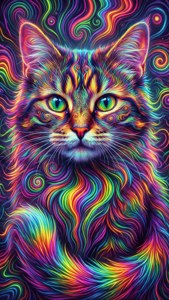 Cheshire Cat wa ajabu na mistari ya mwambaa na mipira ya neon. — iPhone 5 Picha ya Ukuta
