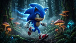 Sonic anapita kwa kasi kwenye msitu wa kichawi unaong'aa. — Sonic Picha ya Ukuta