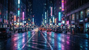 Mji wa cyberpunk usiku na mwanga wa neon na mionzi ya maji — iPad Picha ya Ukuta