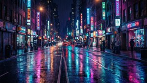 Mji wa cyberpunk usiku na mwanga wa neon na mwanga wa mwanga wa mwanga.