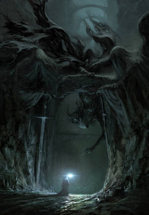Dark cave gate guarded by creepy black dragon wallpaper — Oppo Pad 4 Pro Picha ya Ukuta