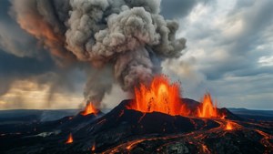 Mlima wa moto unaobomba na lava na majivu.