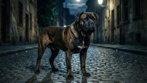 Cane Corso mwenye kusoma kwenye mitaa ya cobblestone iliyomwangazwa na mwezi