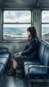 Rikako peke yake kwenye treni, akitazama bahari — Mawimbi ya bahari Picha ya Ukuta