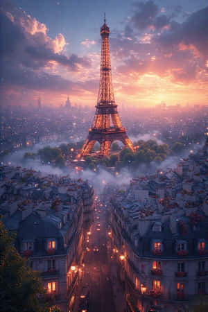 Ufaransa,Paris,Mnara wa Eiffel,mapambazuko,mapaa ya nyumba,makasha ya madirisha,taa za barabara,mapenzi,ukungu,jiji,safari,4K — Mashariki Picha ya Ukuta