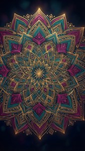 Muundo wa mandala tata wenye dhahabu na rangi ya samawati-kijani, ukimulika kwenye mandharinyuma meusi, kwa iPhone 11 Pro Max.