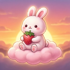 Sungura wa mochi mrembo akiwa na strawberry juu ya wingu, picha tamu ya kawaii. — Kawaii Picha ya Ukuta