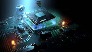 Robot anayekuwa na microchip katika motherboard ya kompyuta wallpaper
