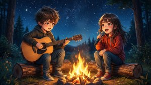 Watoto wa anime wakiimba na kupiga gitaa kuzunguka moto wa kambi chini ya nyota. — Watoto wa anime Picha ya Ukuta