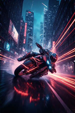 moto ya neon,msasa wa mji,mji wa giza,nyayo za mwanga,maji ya usiku,vibrant,cyberpunk,sinema,4K,wallpaper ya portrait — Night Picha ya Ukuta