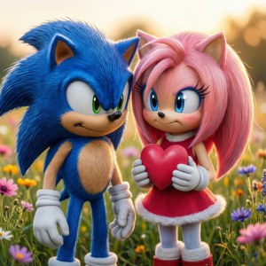 Sonic na Amy wanashirikiana wakati wa upole katika shamba la maua lenye jua. — Sonic Picha ya Ukuta