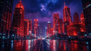 Mji mwekundu wa neon unaoonekana kama sinema usiku, mitaa yenye maji na mazingira ya cyberpunk.