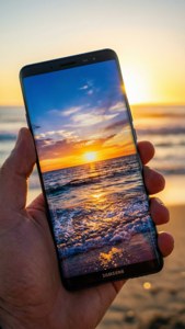 Galaxy S10 mkononi na picha ya mandhari ya machweo, mandharinyuma ya ufukwe.